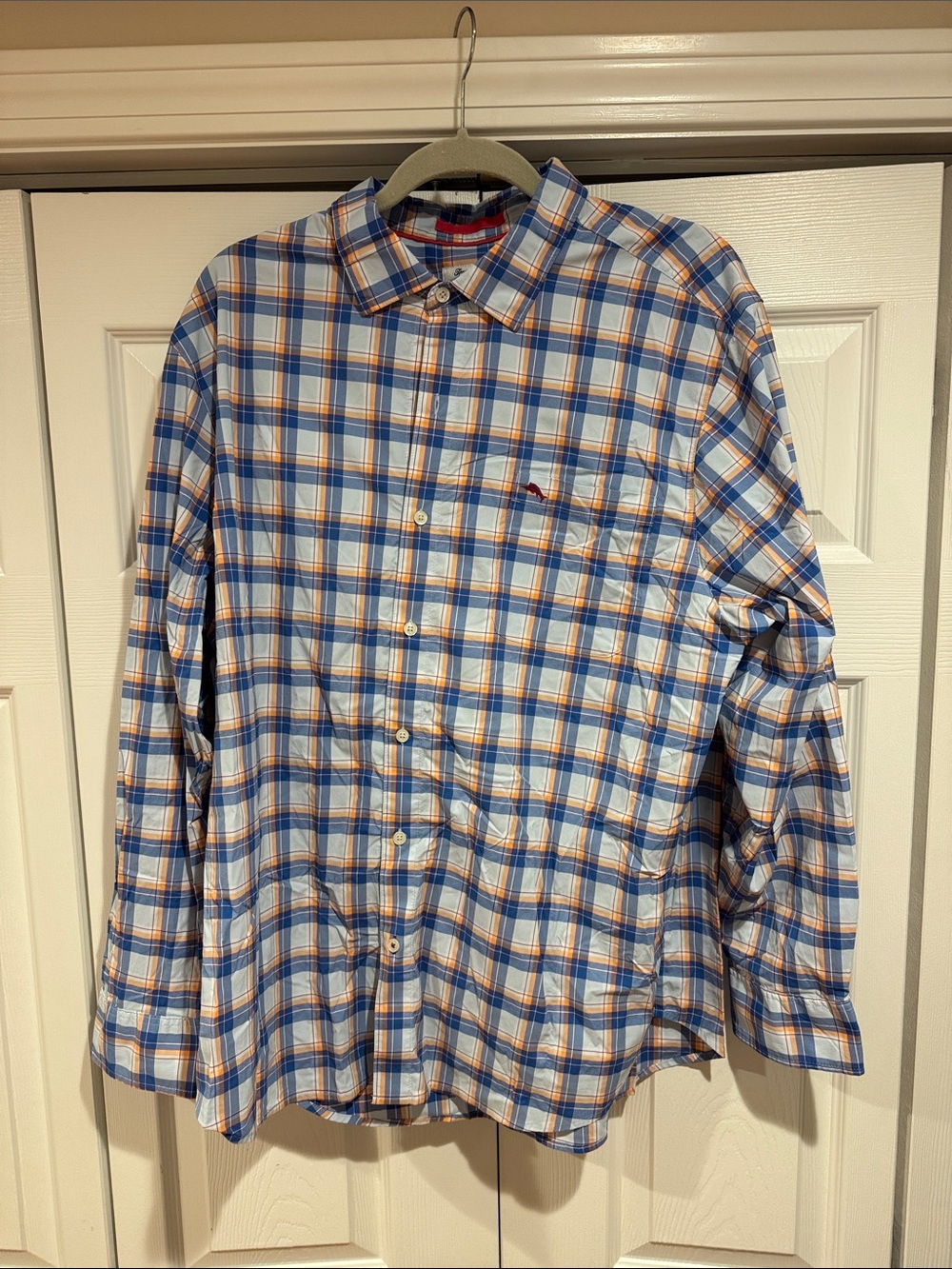 Tommy Bahama Blue, White and Orange Plaid Button-Down Shirt